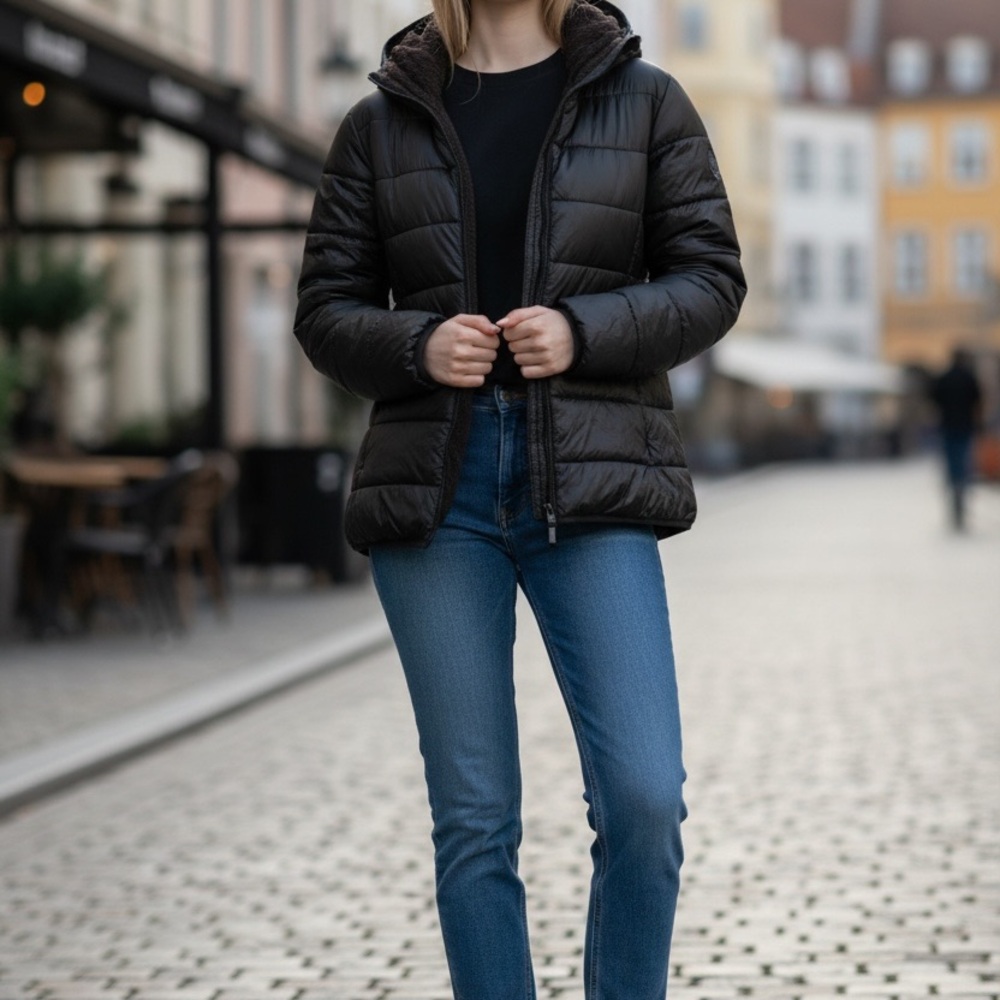 TNA Black Quilted Hooded Jacket with Sherpa Lining